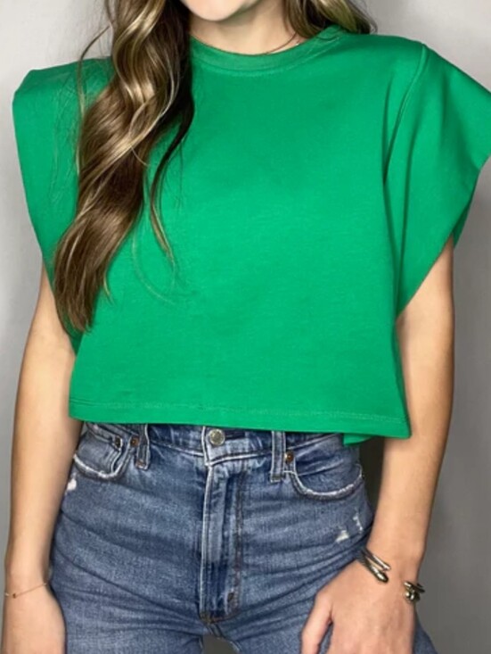 Endless Rose Tops - Endless Rose Emerald Green Cropped Shoulder-Pad Tee